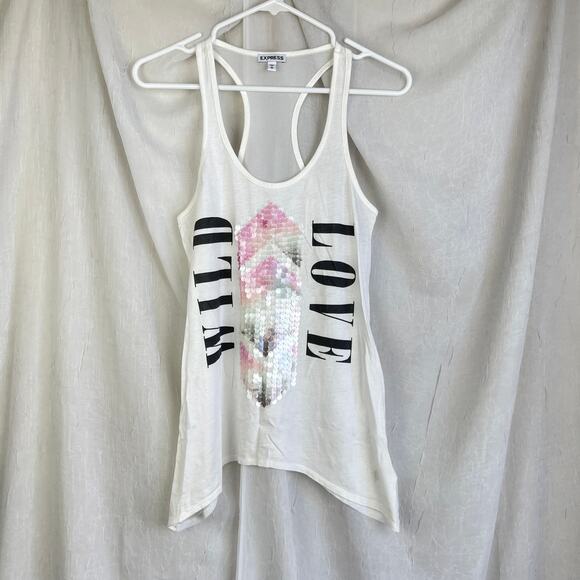 🫶🏼 Express Wild Love Sequin Flowy Tunic Tank Top White Sheer Back Pastel XS - Picture 9 of 16